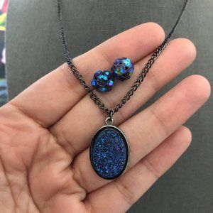 Blue druzy crystal necklace set NWOT
